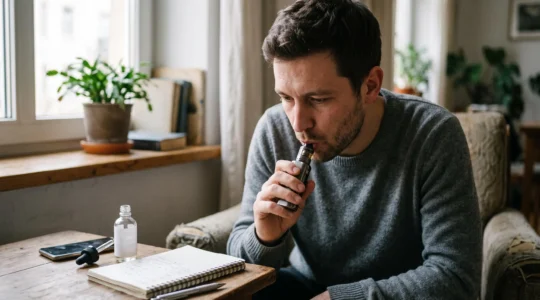 A person vaping by a window with an open e-liquid bottle and a notebook on the table beside them.