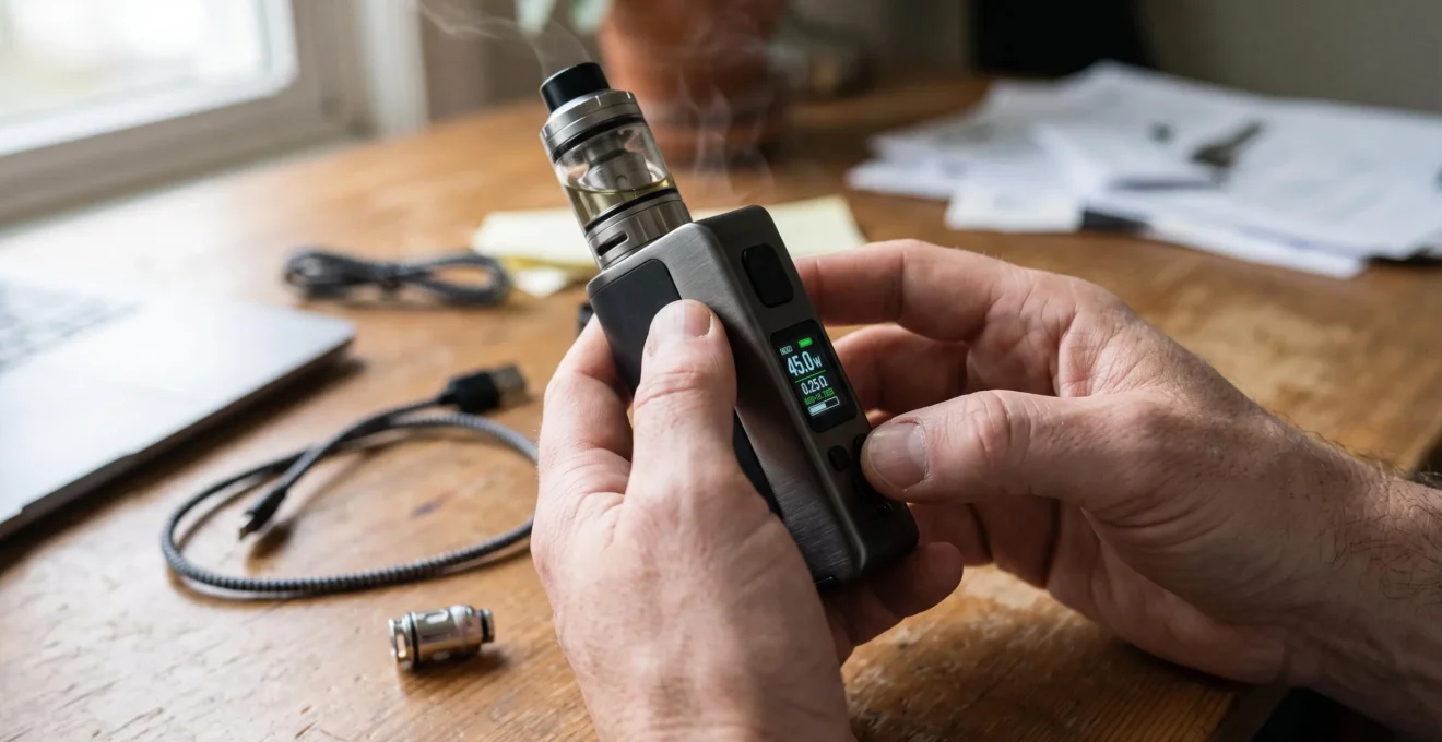 A person holding a regulated vape mod and adjusting the wattage shown on its small display screen at a wooden desk.