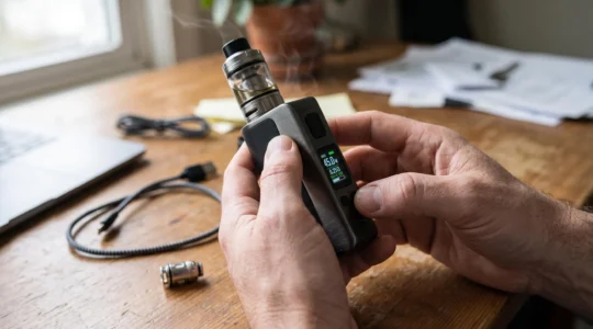 A person holding a regulated vape mod and adjusting the wattage shown on its small display screen at a wooden desk.