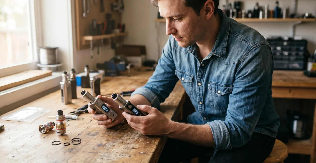 A person examines the wattage display of a regulated vape mod on a workbench surrounded by spare coils, a tank and a battery charger.