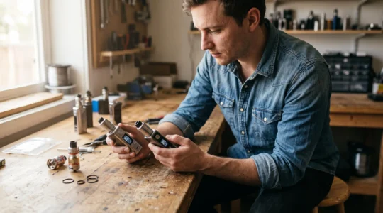 A person examines the wattage display of a regulated vape mod on a workbench surrounded by spare coils, a tank and a battery charger.