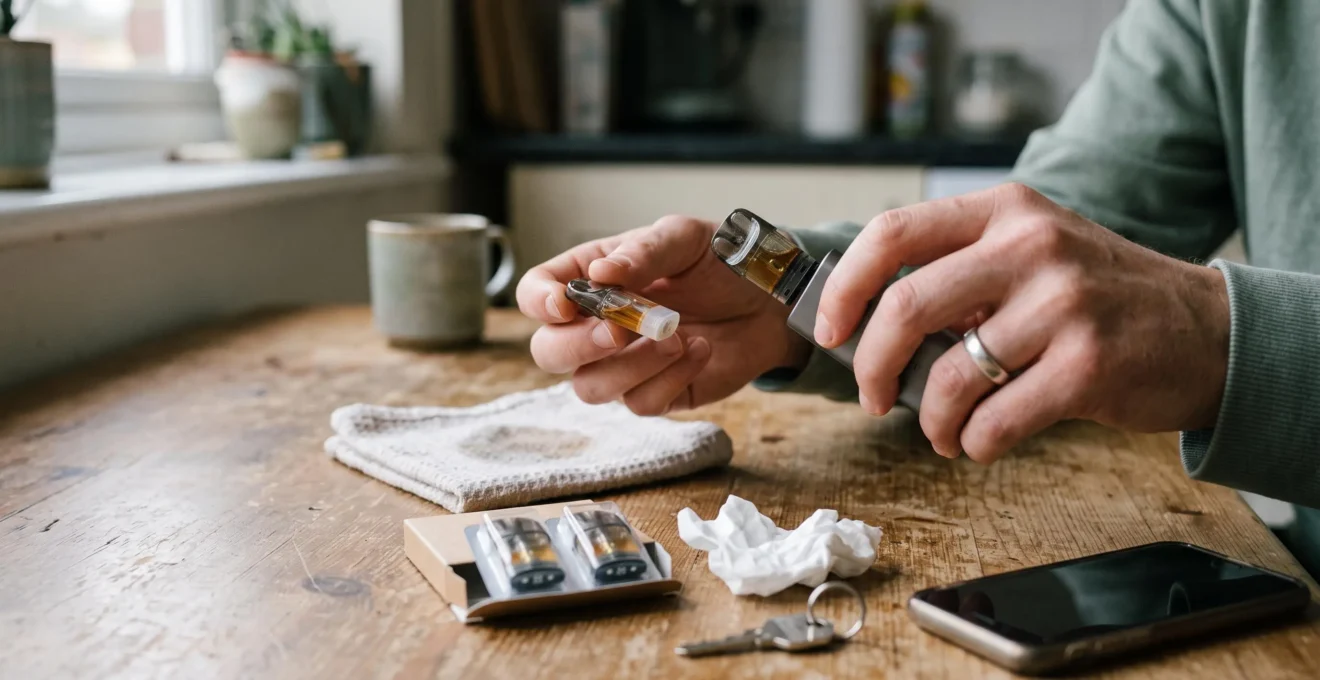 A person removes a used sealed pod cartridge from a small vape device and prepares to insert a fresh one at a wooden table.