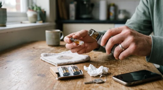A person removes a used sealed pod cartridge from a small vape device and prepares to insert a fresh one at a wooden table.