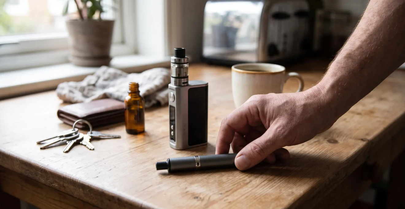 A hand places a slim cylindrical vape pen next to a larger box-shaped device on a home table during a morning routine.