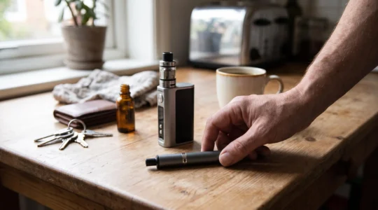 A hand places a slim cylindrical vape pen next to a larger box-shaped device on a home table during a morning routine.