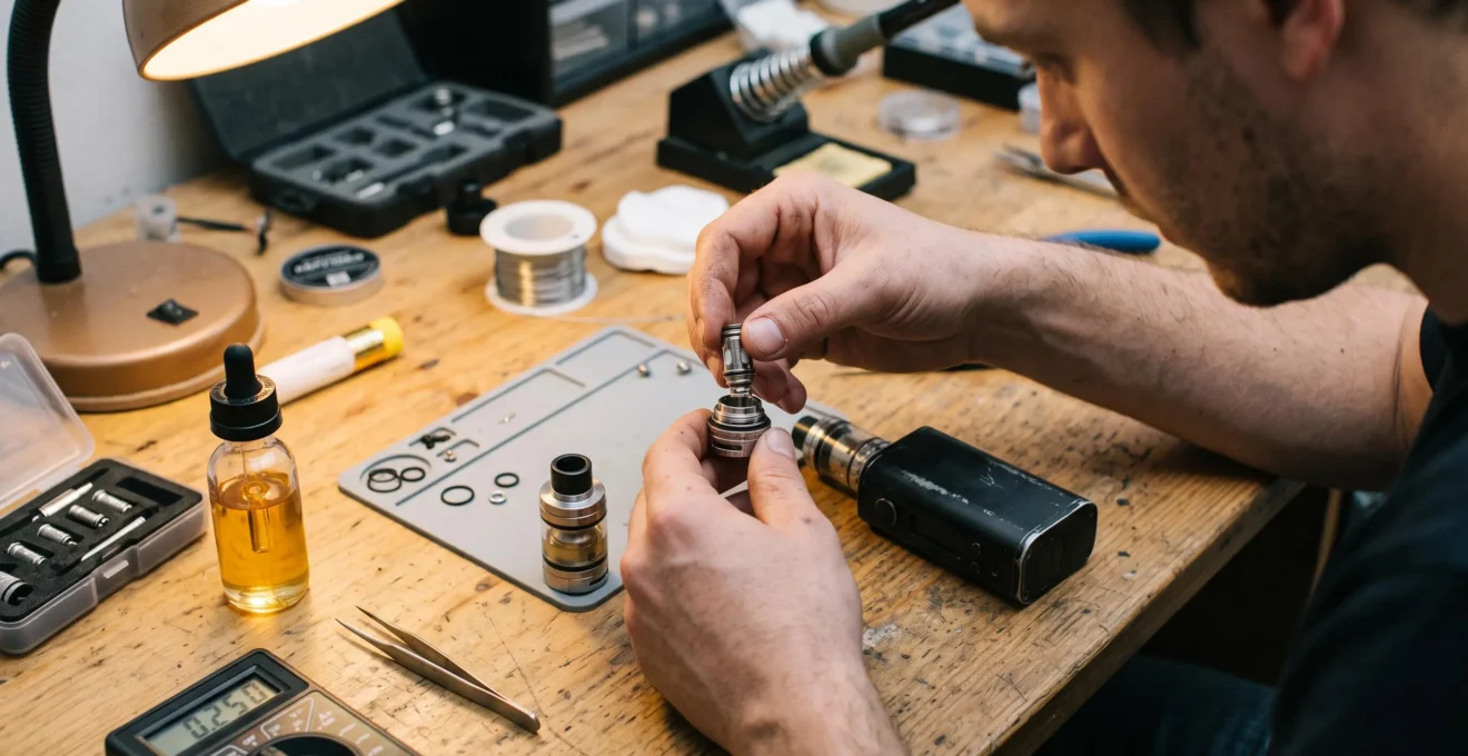 A person threading a replacement coil into a disassembled vape tank on a workbench next to a mod and an ohm reader.