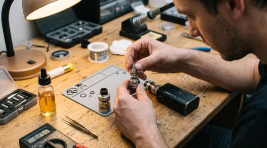 A person threading a replacement coil into a disassembled vape tank on a workbench next to a mod and an ohm reader.