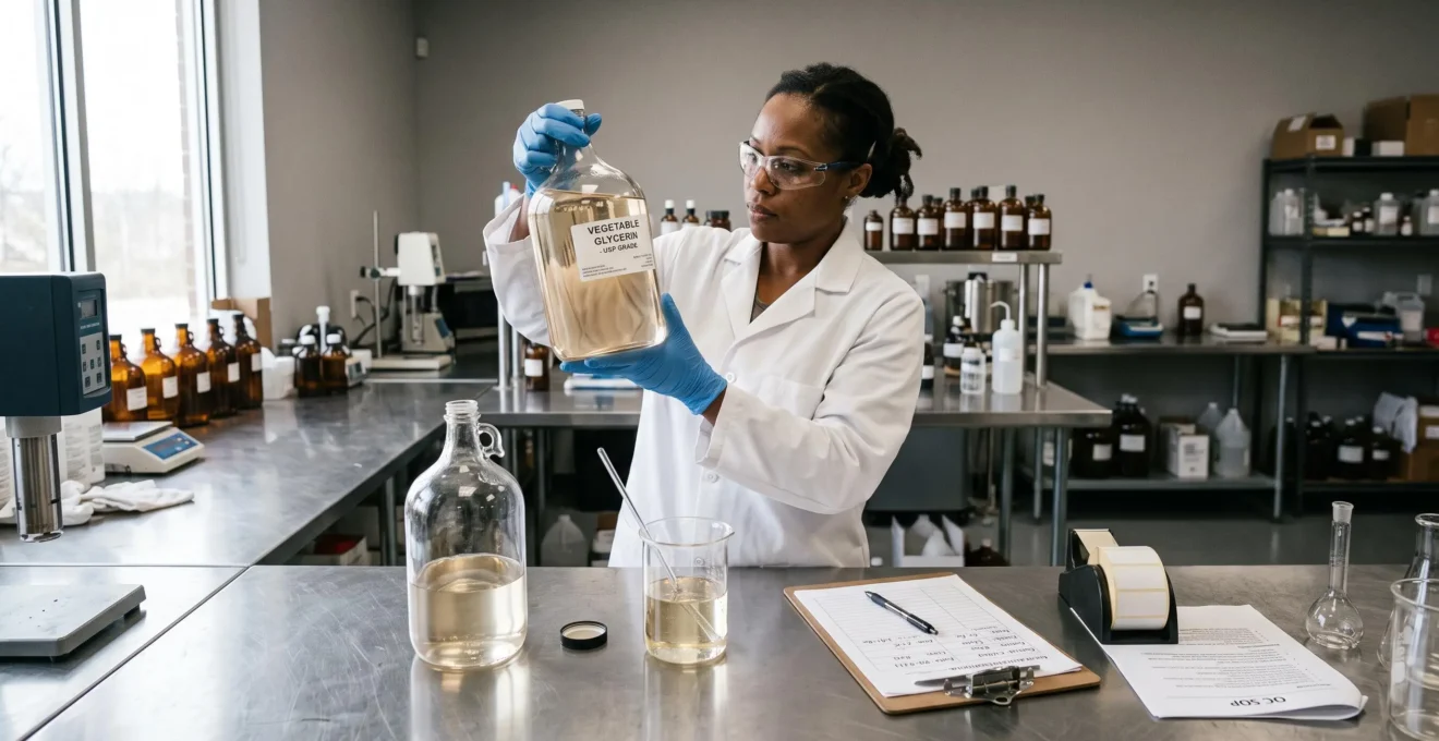 A technician in a lab coat inspects a thick, clear bottle of vegetable glycerin and pours a sample into a beaker on a quality-control workbench.