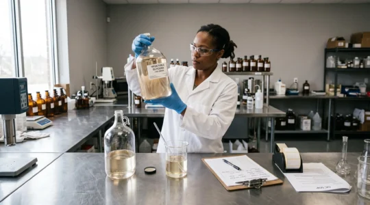 A technician in a lab coat inspects a thick, clear bottle of vegetable glycerin and pours a sample into a beaker on a quality-control workbench.