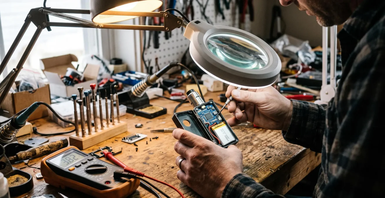 A technician opens a vape mod on a workbench to inspect its internal circuit board, battery and control microchip.