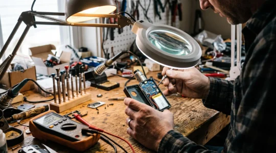 A technician opens a vape mod on a workbench to inspect its internal circuit board, battery and control microchip.