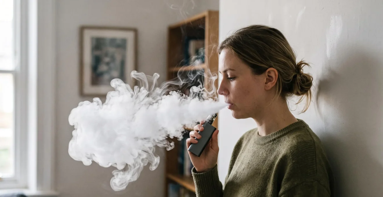 A person exhaling a dense vape aerosol cloud indoors, photographed in profile as the plume thins and stretches in the air.