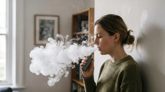 A person exhaling a dense vape aerosol cloud indoors, photographed in profile as the plume thins and stretches in the air.
