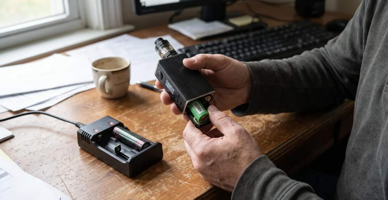 A person inserts a removable lithium-ion battery into an open regulated vape device next to a battery charger on a desk.