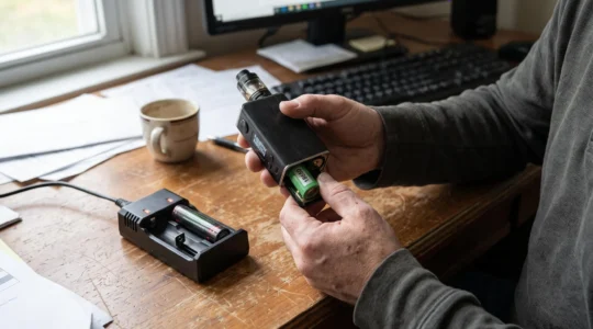 A person inserts a removable lithium-ion battery into an open regulated vape device next to a battery charger on a desk.