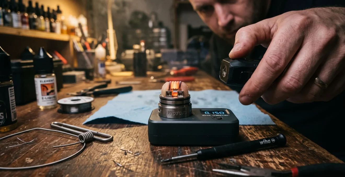 A rebuilt vape coil glowing evenly from the centre outward during a low-power pulse test on a workbench.
