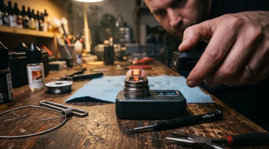 A rebuilt vape coil glowing evenly from the centre outward during a low-power pulse test on a workbench.