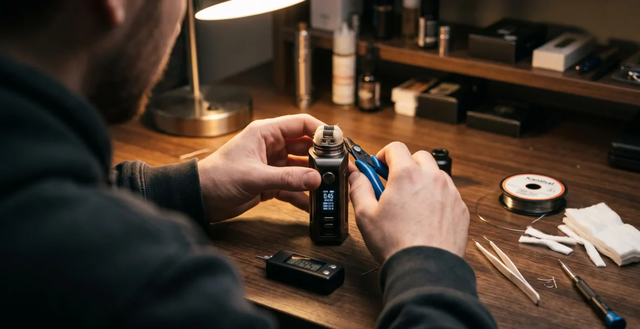A person checks the resistance reading of a vape coil on a regulated mod screen at a workbench equipped with ohm reader, tweezers and wire spools.