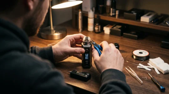 A person checks the resistance reading of a vape coil on a regulated mod screen at a workbench equipped with ohm reader, tweezers and wire spools.