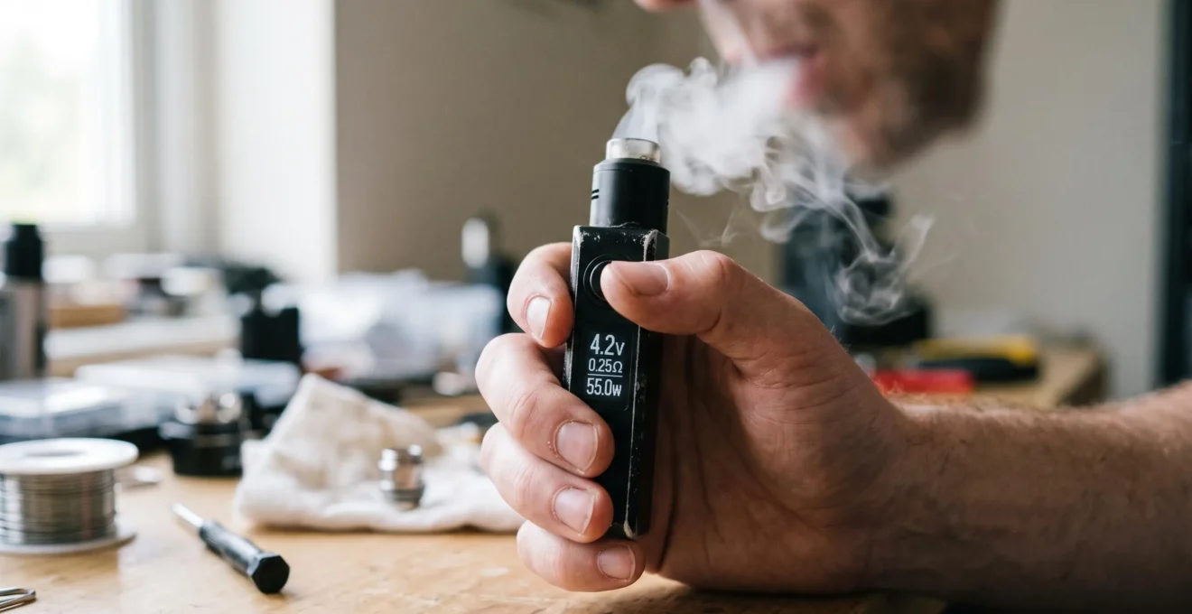 A hand holding a regulated vape device whose screen displays live voltage, resistance and wattage readings during a puff.