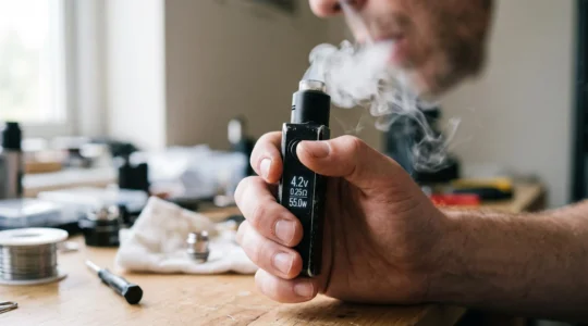 A hand holding a regulated vape device whose screen displays live voltage, resistance and wattage readings during a puff.