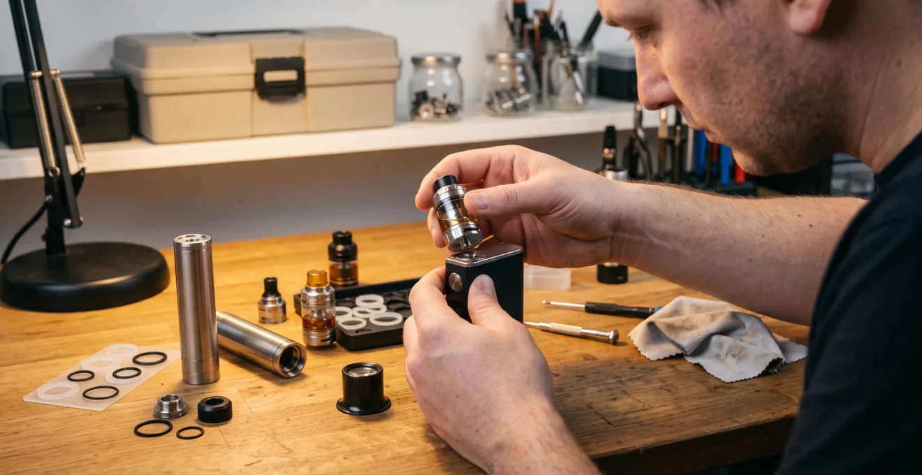 A person aligning a vape tank over a mod connector on a workbench while inspecting the threads before assembly.