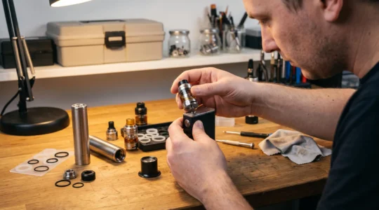A person aligning a vape tank over a mod connector on a workbench while inspecting the threads before assembly.