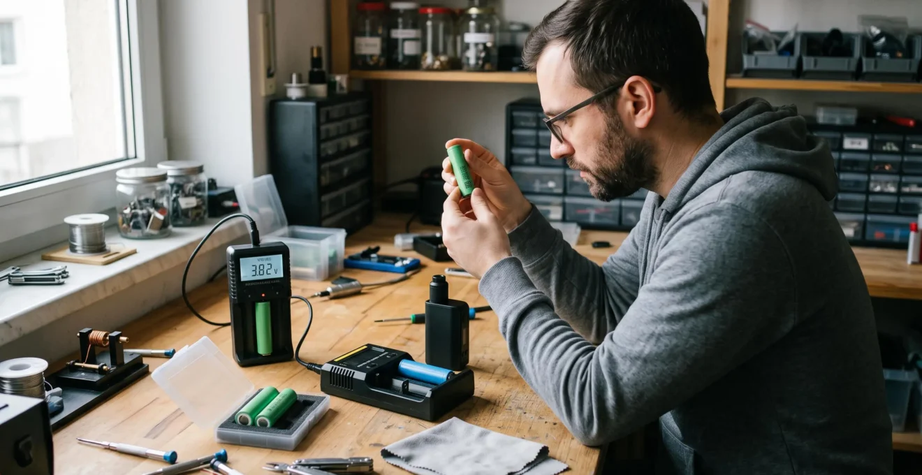 A person inspecting a removable lithium-ion battery cell for a vape device on a workshop bench beside a charger and a battery analyzer.