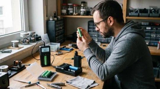 A person inspecting a removable lithium-ion battery cell for a vape device on a workshop bench beside a charger and a battery analyzer.