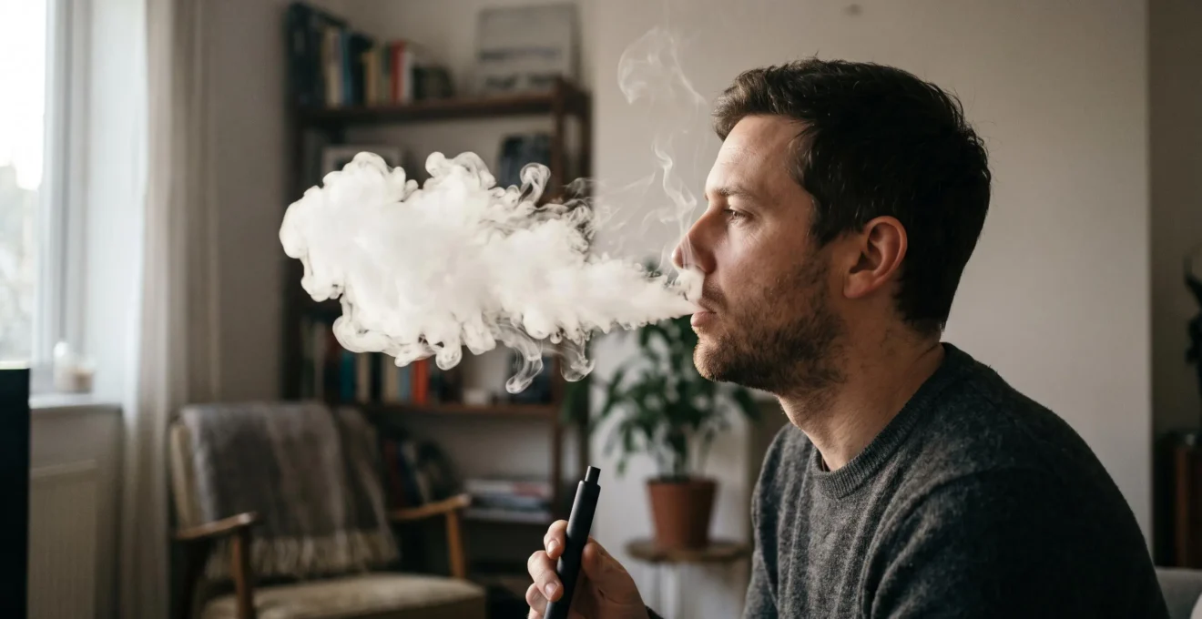 A person in profile exhales a dense white vapour plume that expands and thins at the edges in a softly lit room.