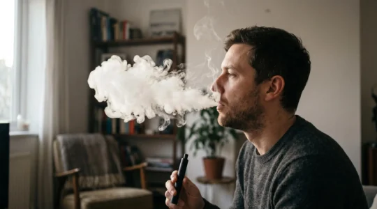 A person in profile exhales a dense white vapour plume that expands and thins at the edges in a softly lit room.
