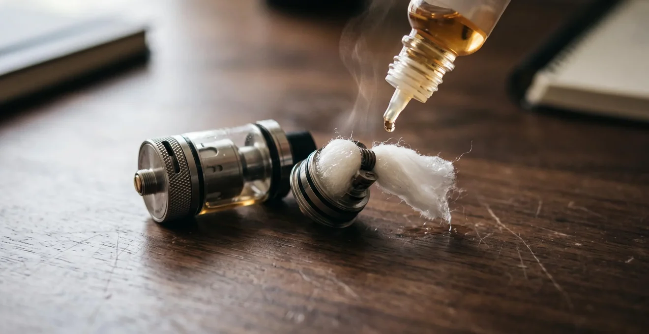A disassembled vape tank with the coil removed, the cotton wick visibly wet with e-liquid, and a dropper applying liquid directly onto the cotton on a dark wooden desk.
