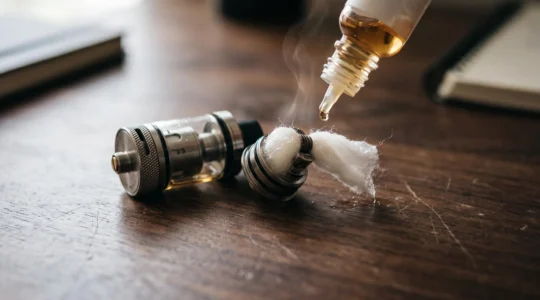 A disassembled vape tank with the coil removed, the cotton wick visibly wet with e-liquid, and a dropper applying liquid directly onto the cotton on a dark wooden desk.