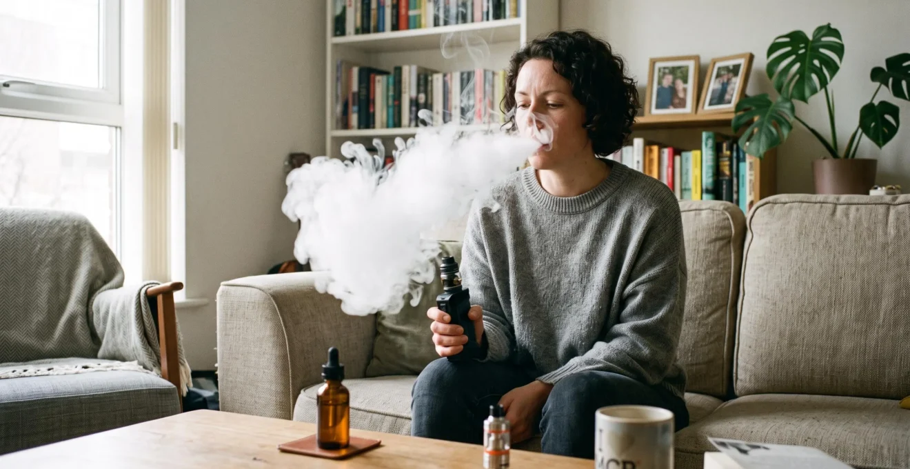 A person exhales a thick cloud of vapour while holding a refillable vape device, with an open e-liquid bottle on the table in front of them.