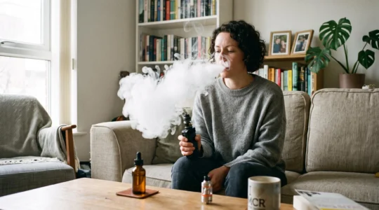 A person exhales a thick cloud of vapour while holding a refillable vape device, with an open e-liquid bottle on the table in front of them.