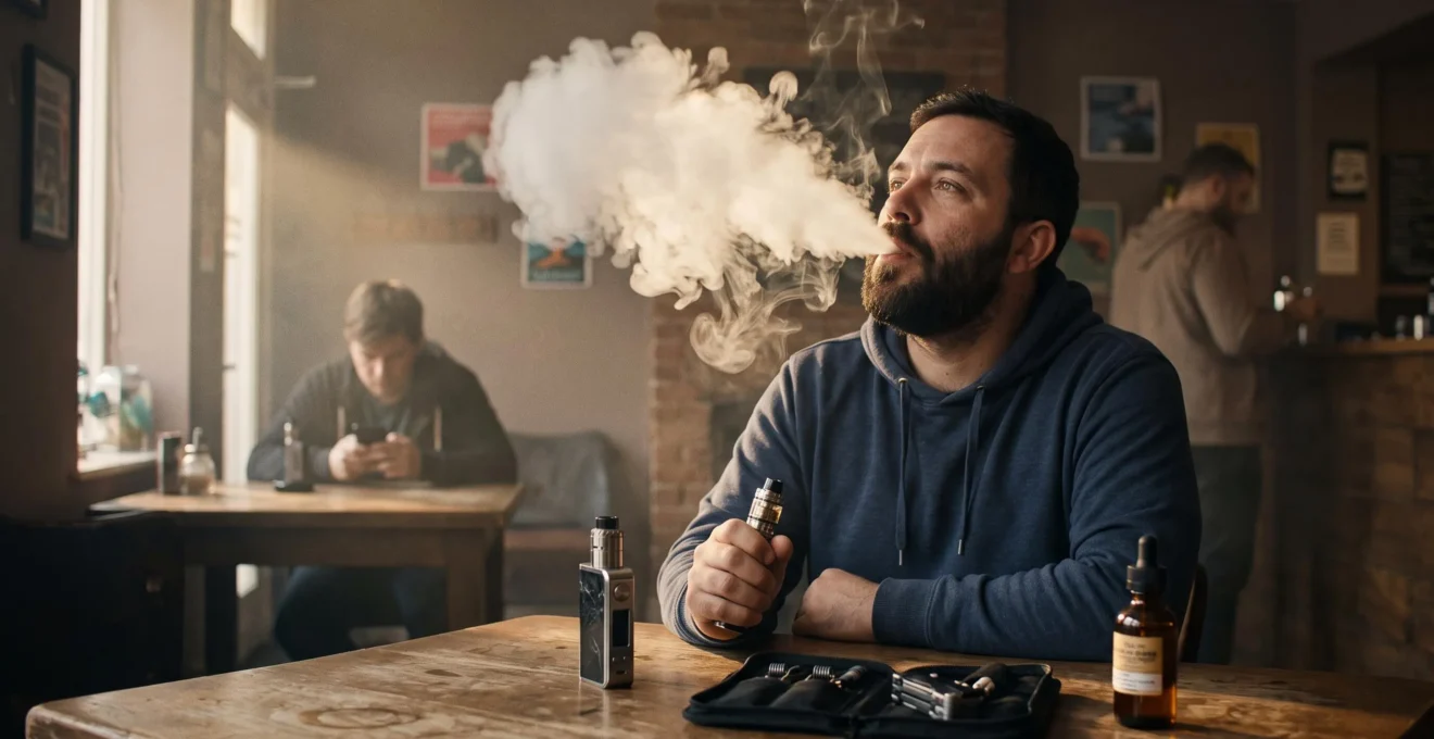 A vaper exhales a large dense vapour cloud inside a dimly lit vaping lounge while holding a rebuildable device.