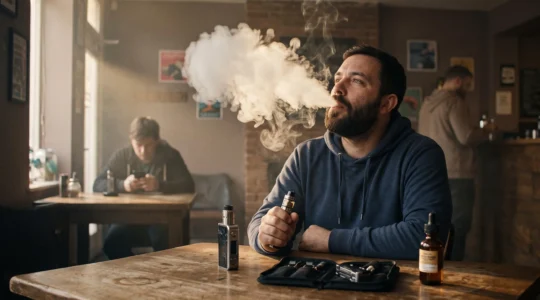 A vaper exhales a large dense vapour cloud inside a dimly lit vaping lounge while holding a rebuildable device.