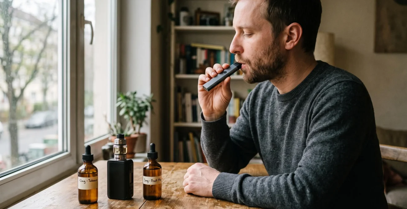 A vaper using a small pod device at a table while a larger tank device and e-liquid bottles sit in front of him.