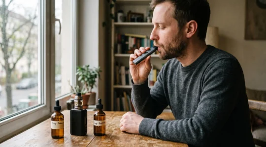A vaper using a small pod device at a table while a larger tank device and e-liquid bottles sit in front of him.