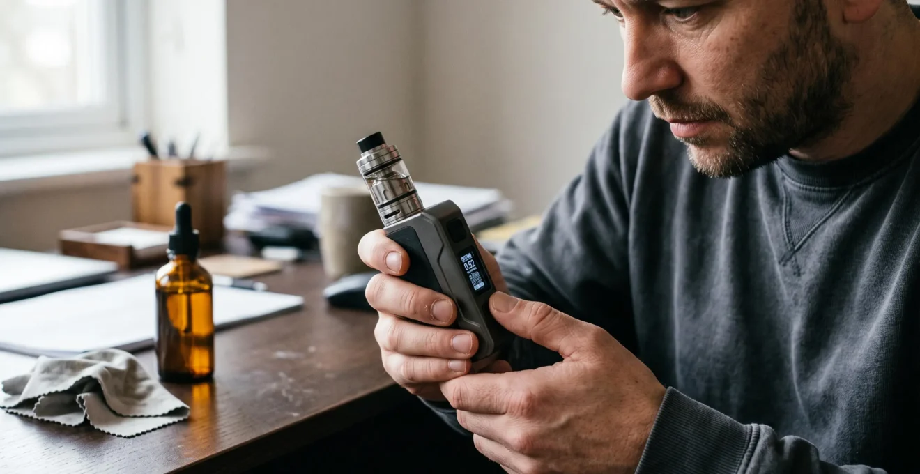 A person reads the resistance value displayed on the screen of a regulated vape mod held in both hands.