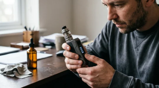 A person reads the resistance value displayed on the screen of a regulated vape mod held in both hands.