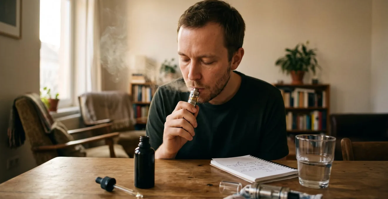 A person slowly inhaling from a vape device at a table with an open e-liquid bottle, a notebook and a glass of water, concentrating on the flavour.
