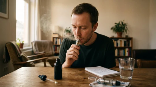 A person slowly inhaling from a vape device at a table with an open e-liquid bottle, a notebook and a glass of water, concentrating on the flavour.
