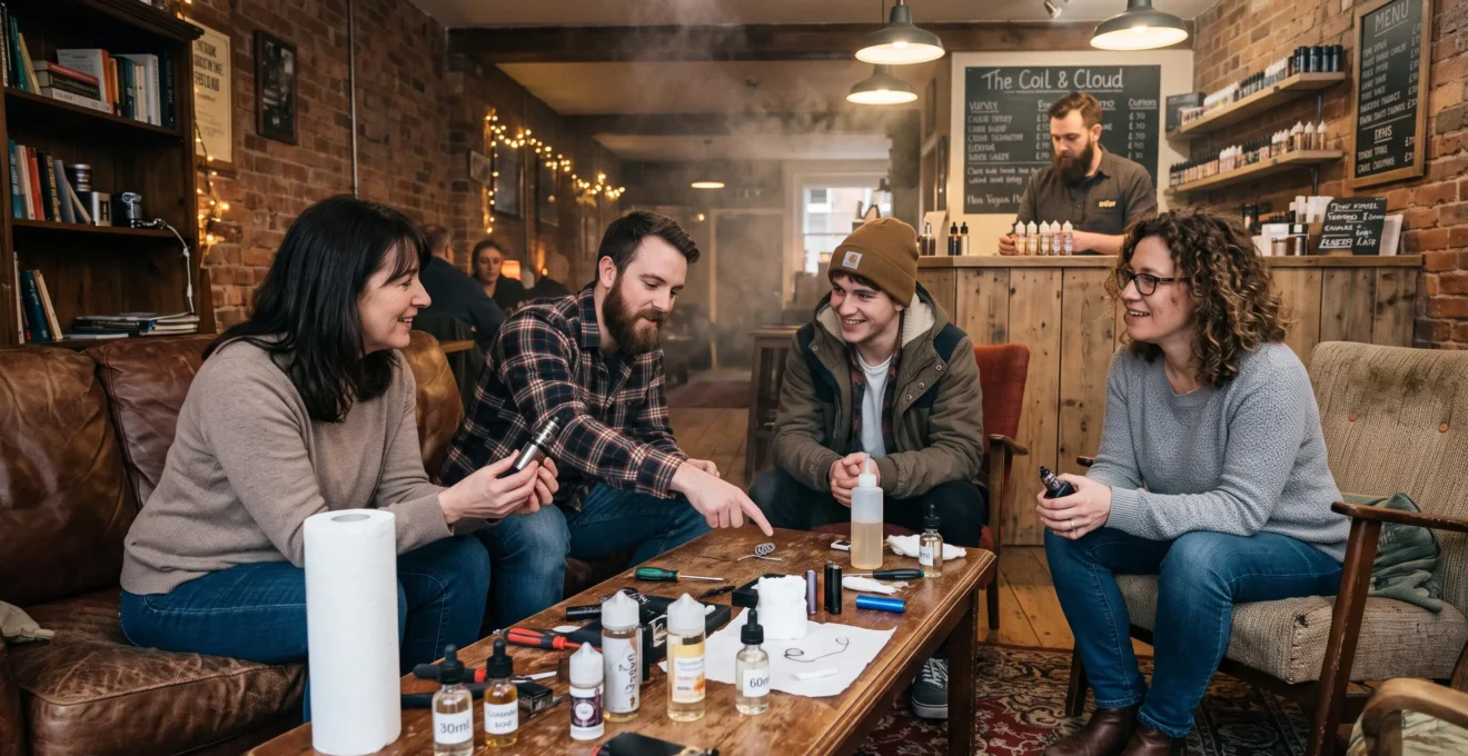 A group of vapers gathered around a table in a vaping lounge, comparing devices and e-liquid samples in a relaxed setting.