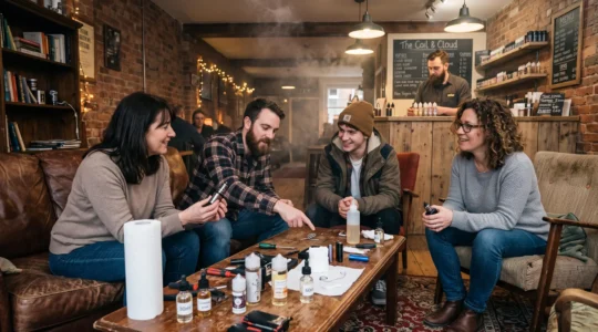 A group of vapers gathered around a table in a vaping lounge, comparing devices and e-liquid samples in a relaxed setting.