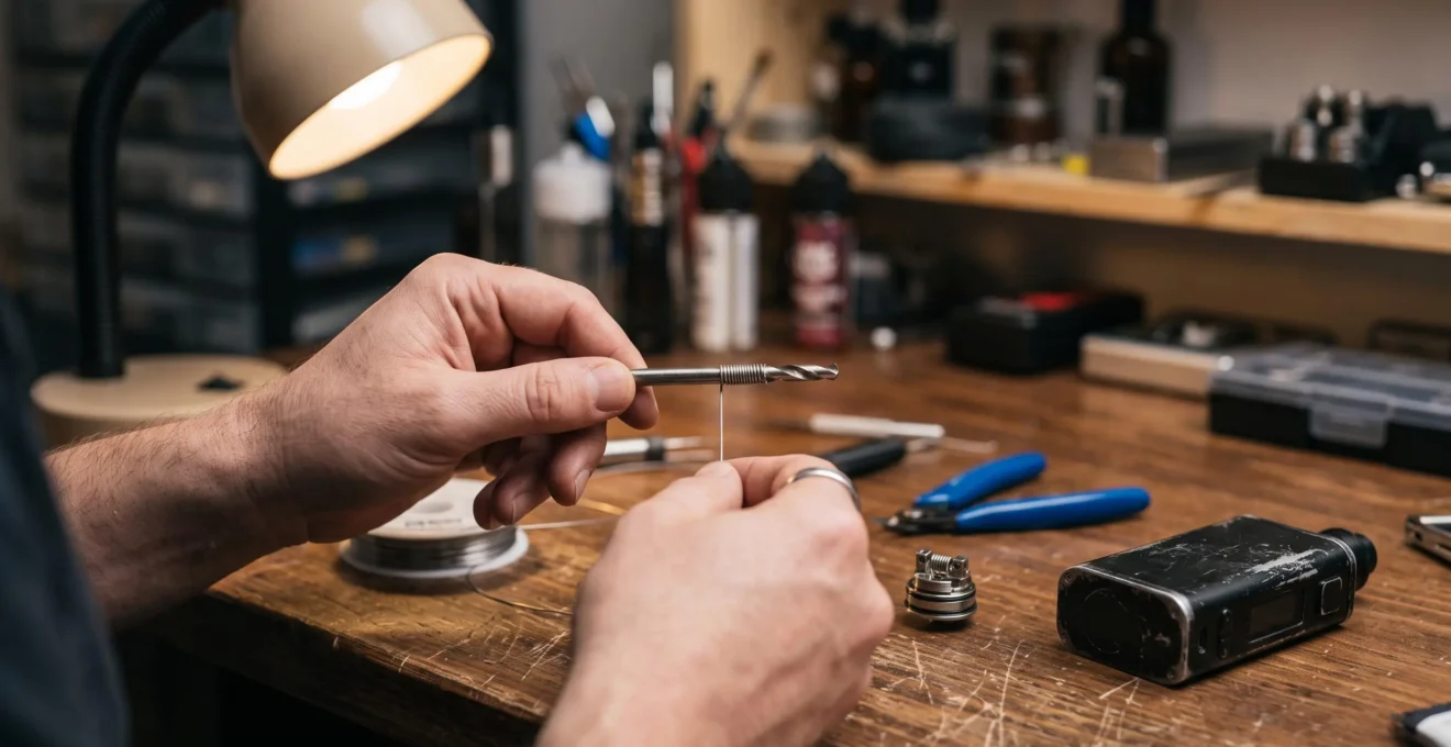 A person wrapping resistance wire around a small metal drill bit to build a rebuildable vaping coil on a workbench.