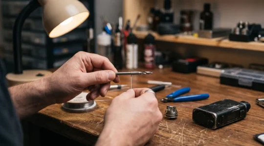A person wrapping resistance wire around a small metal drill bit to build a rebuildable vaping coil on a workbench.